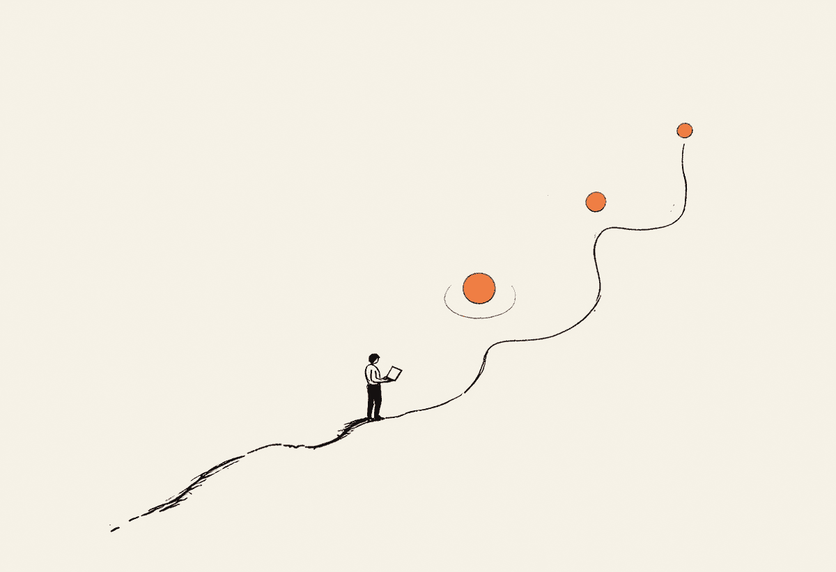 Hand-drawn illustration of a person with a laptop choosing between three diverging paths