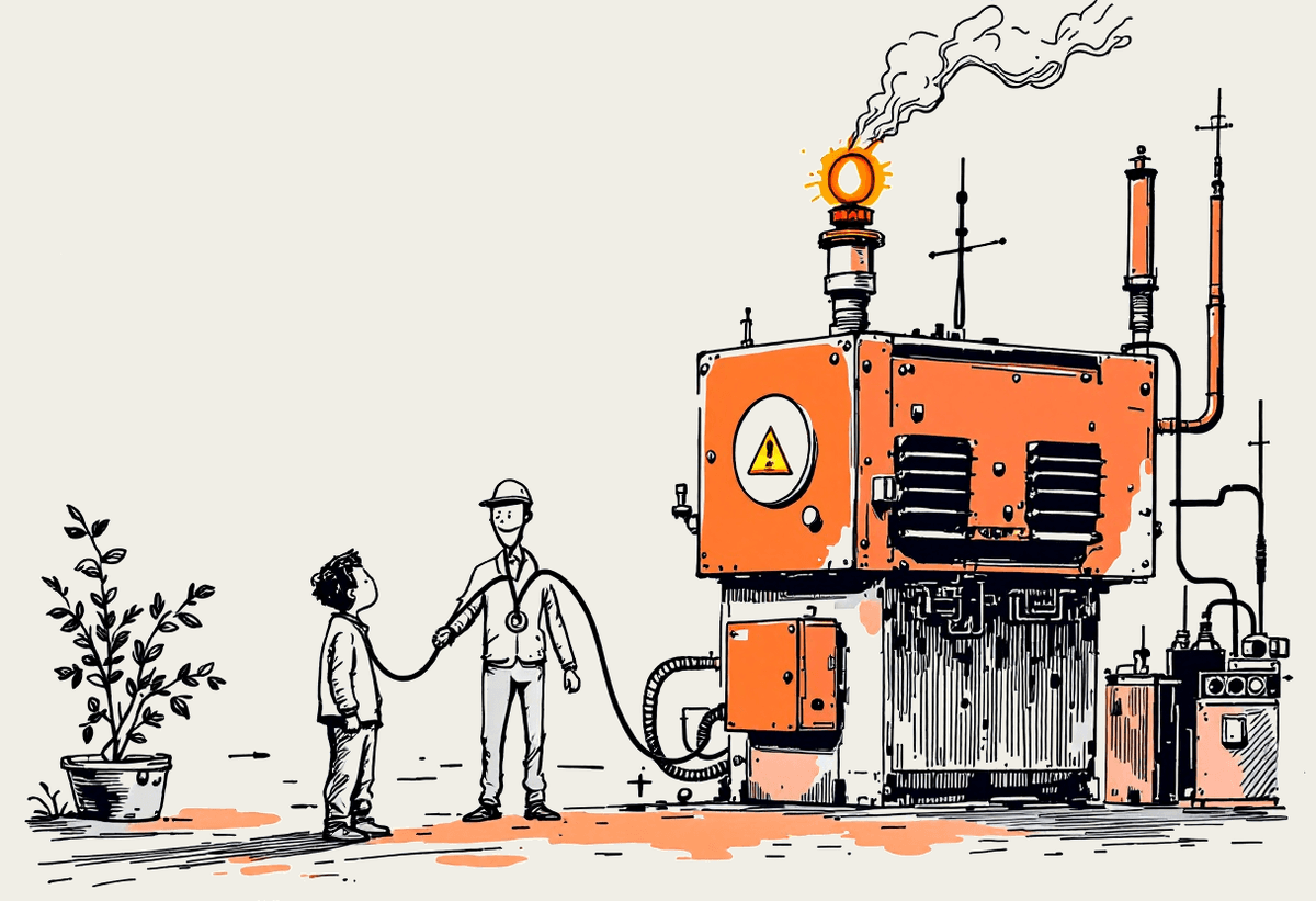 Hand-drawn illustration of a person listening to a factory machine with a stethoscope, a terracotta warning light glowing above