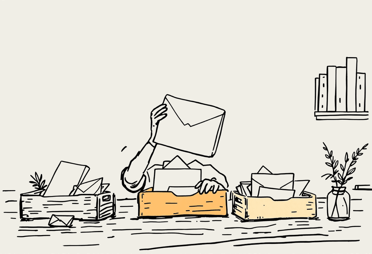 Hand-drawn illustration of a person sorting envelopes into trays, inspecting one terracotta envelope