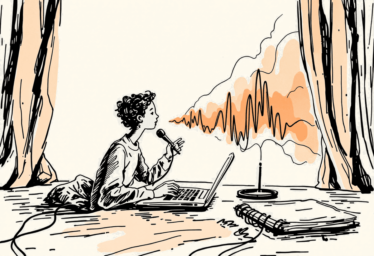 A hand-drawn illustration of a person dictating into a microphone, with sound waves flowing into a laptop and notebook