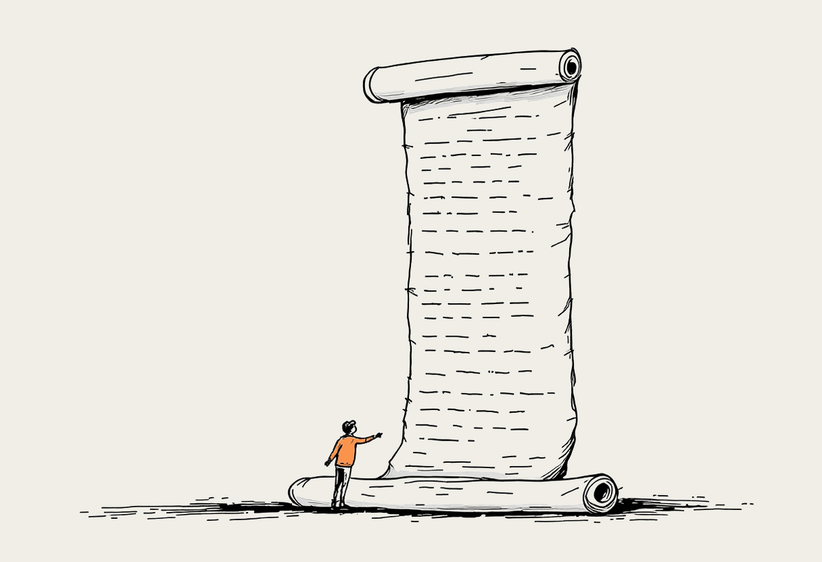 Hand-drawn illustration of a small person beside a towering unrolled scroll, a terracotta bookmark marking one relevant section