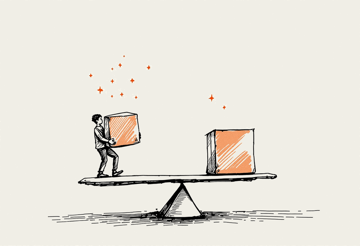 Hand-drawn illustration of a person weighing two options on a balance scale