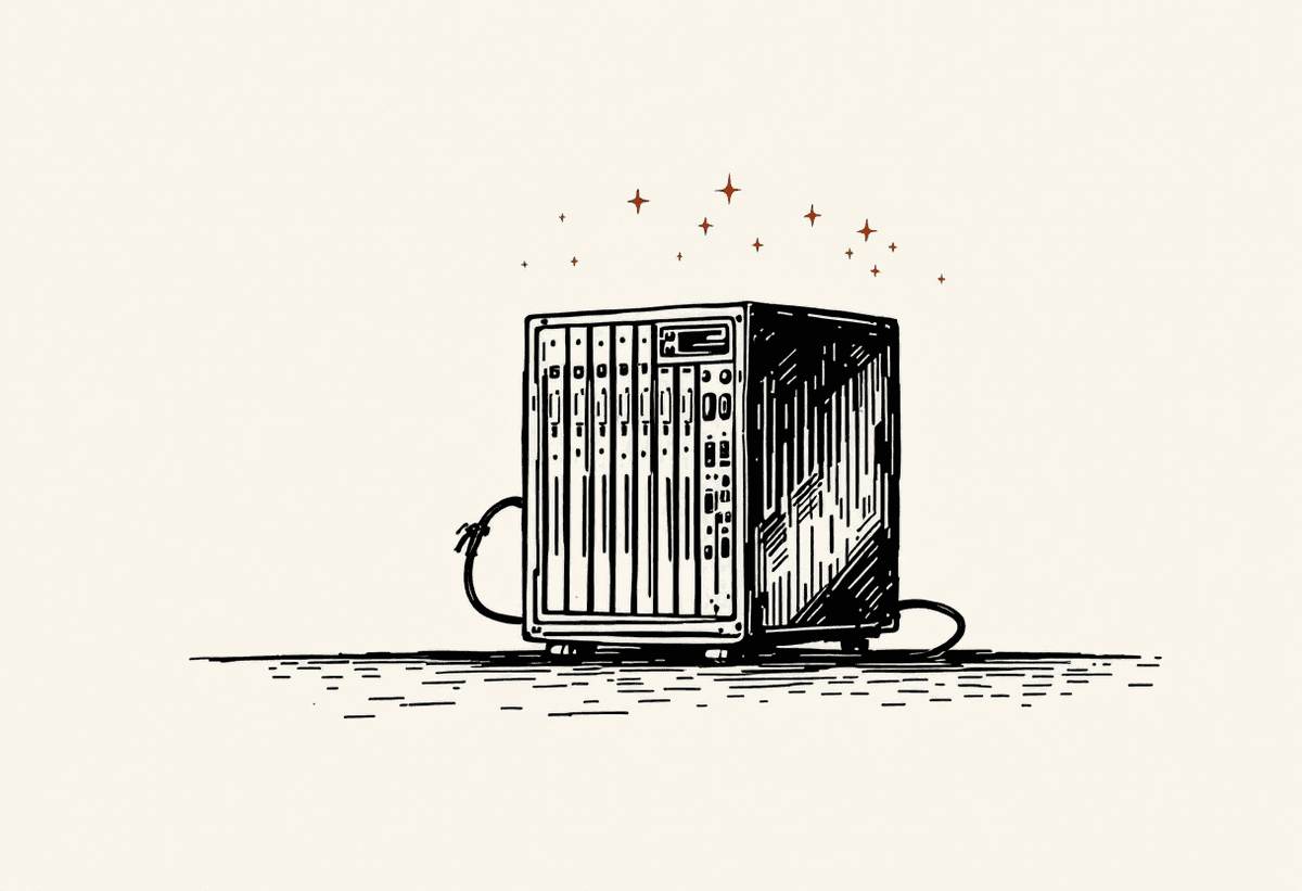 Hand-drawn illustration of a local server connected to a laptop on a desk