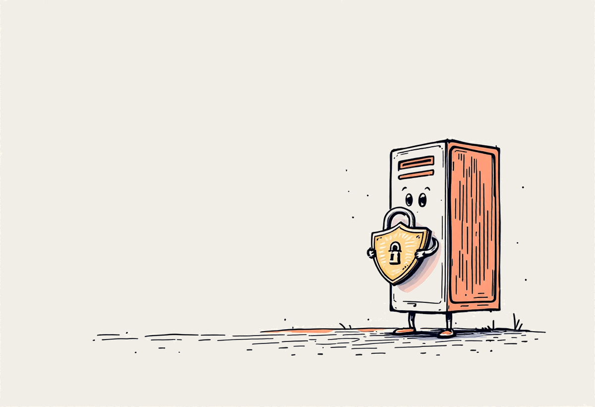 Illustration of a shield character guarding a server tower, representing self-hosted LLM security