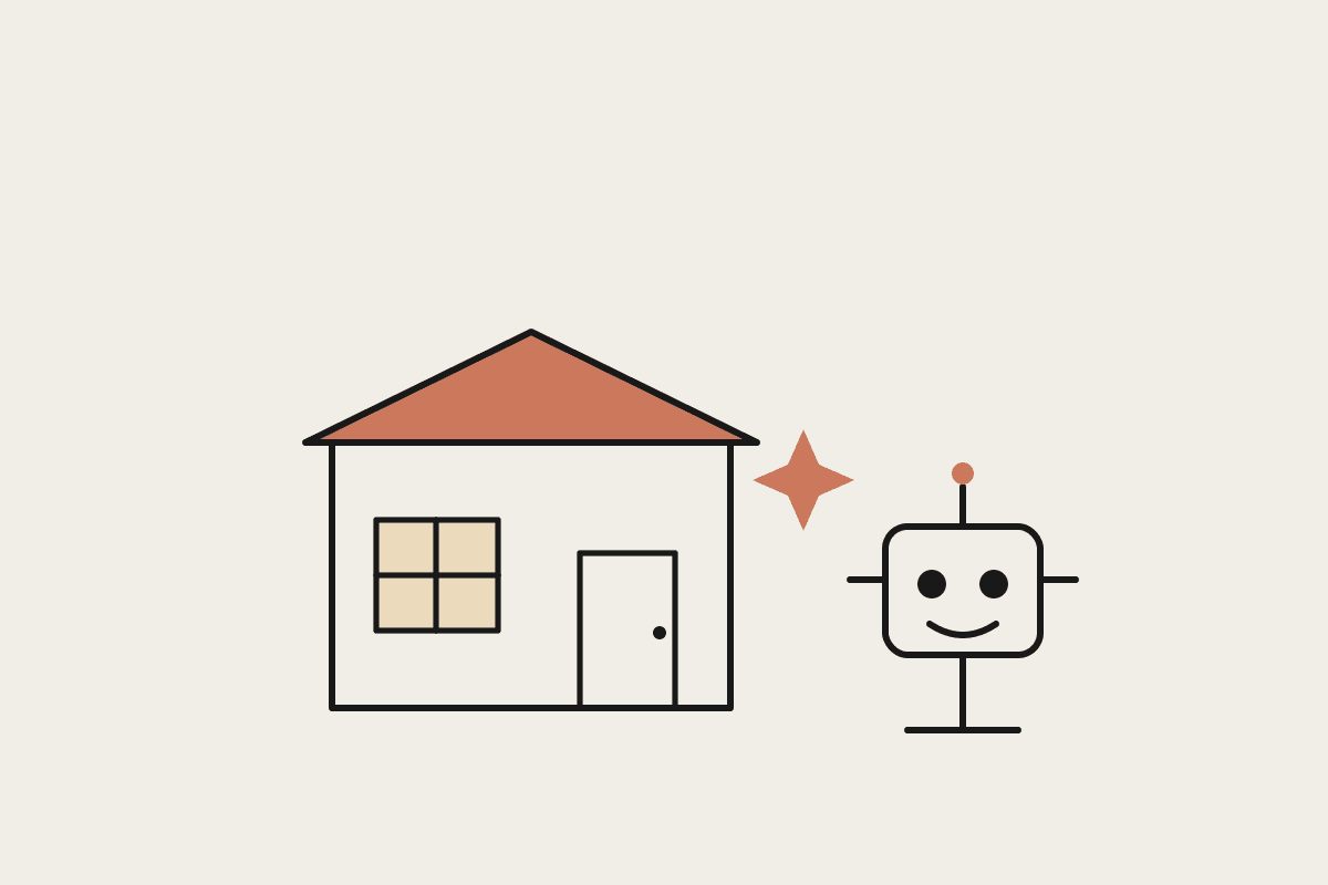 A small shopfront with a friendly robot assistant standing beside it, drawn in a single-line notebook style