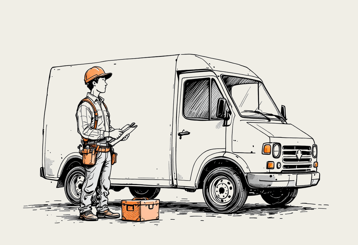 Hand-drawn illustration of a tradesperson holding a clipboard beside a work van with a terracotta toolbox