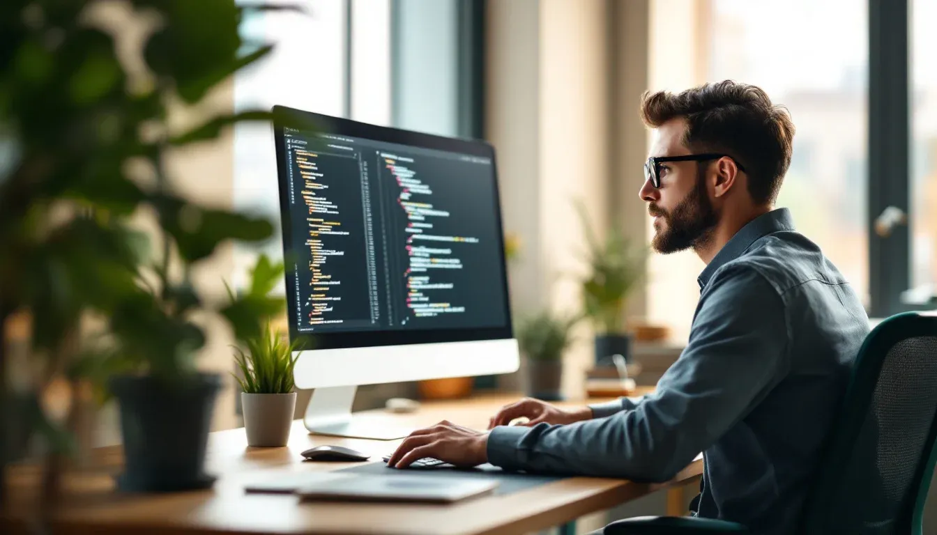 An engineer reviewing generated code on a monitor before merging it
