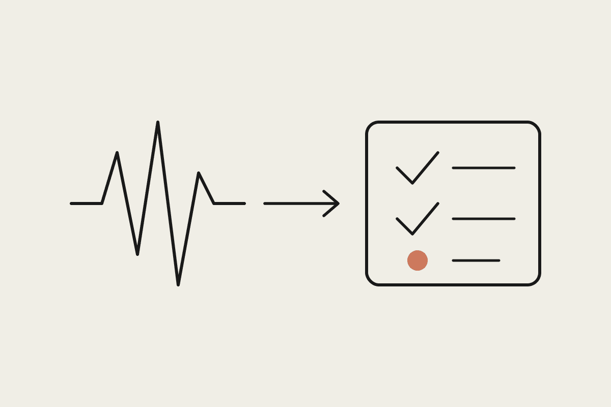 A sound wave leading by an arrow to a task checklist with two items ticked and one still open, contrasting voice with task completion