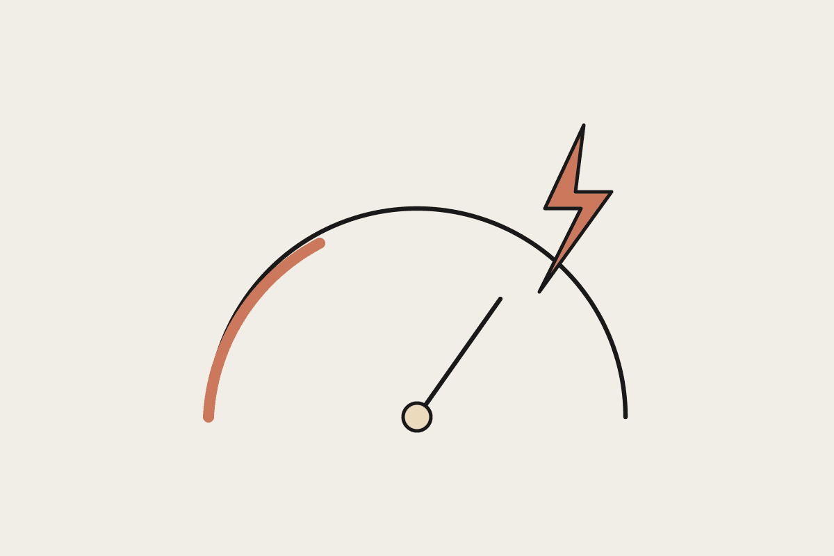 A speedometer dial with a terracotta safe zone and a lightning bolt representing speed versus reliability
