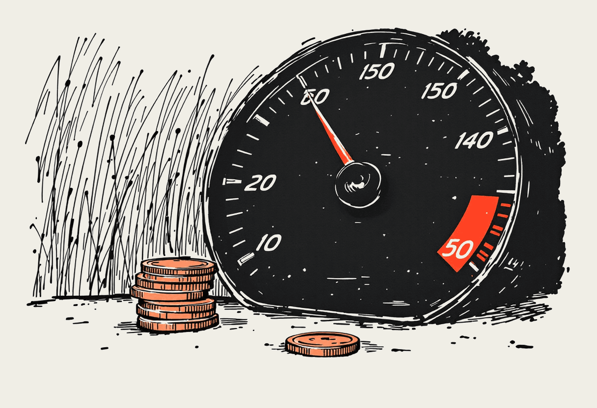 Hand-drawn speed gauge and coins illustrating a fast low cost AI model