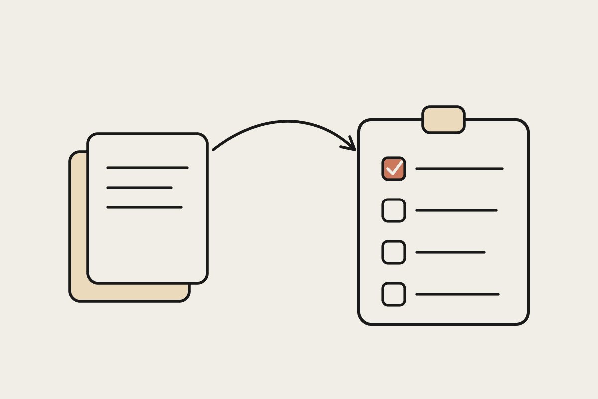 A stack of building applications flowing into a clipboard triage checklist with one item ticked