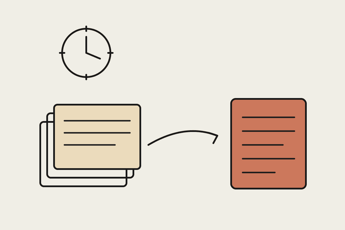 A stack of case papers condensing into a short summary sheet beside a clock, drawn in the Automata notebook style