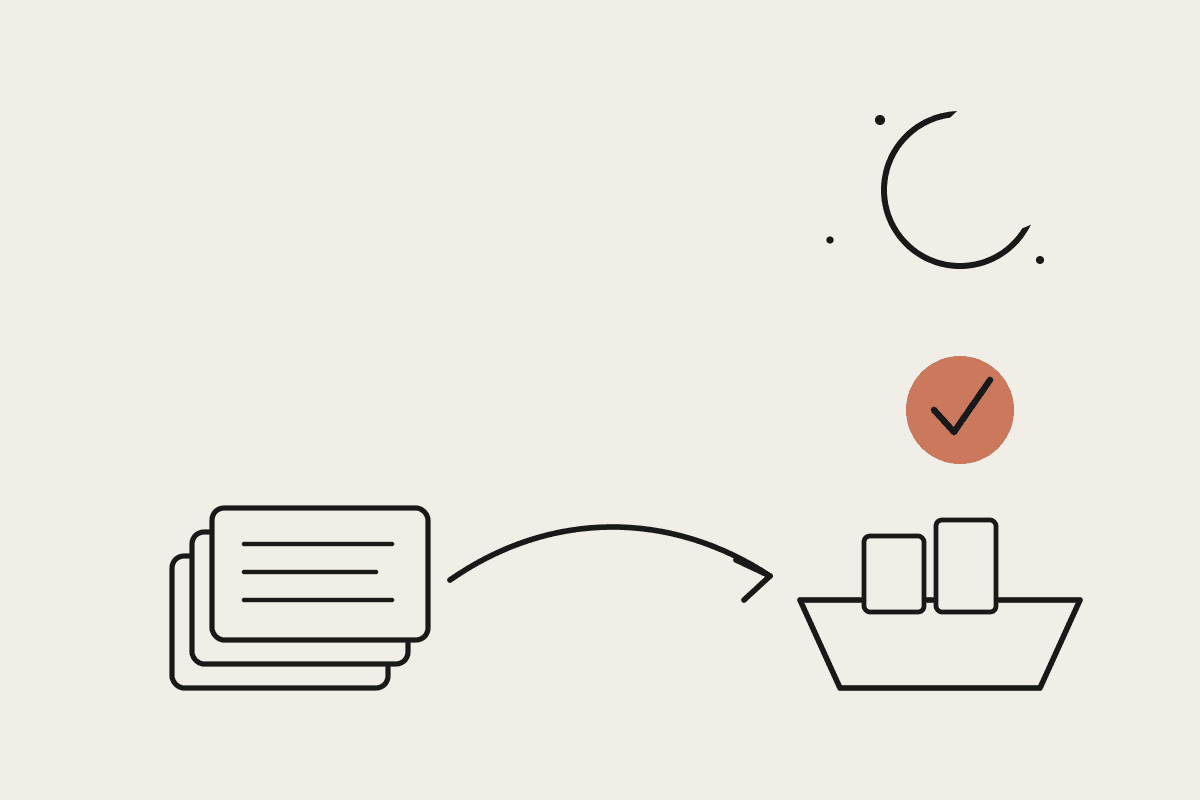 A stack of documents flowing into an overnight batch processing tray under a crescent moon, with a terracotta checkmark badge representing cost savings