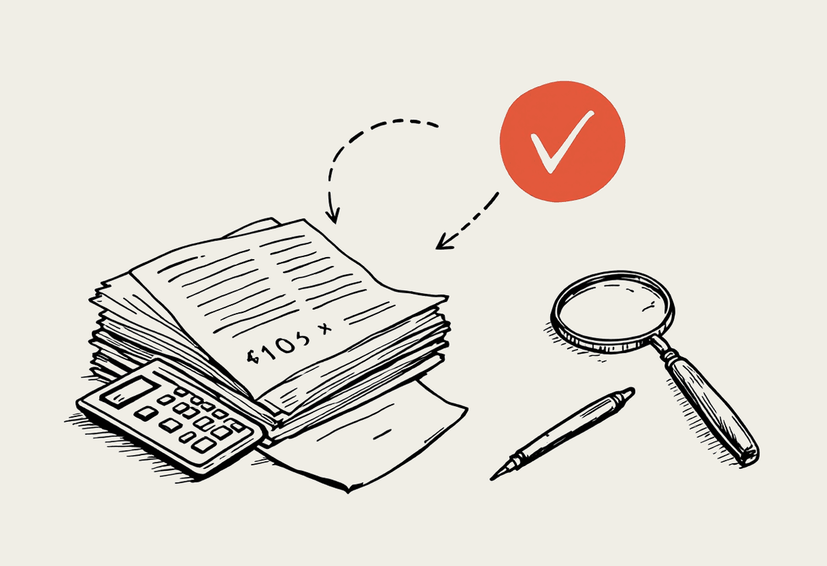 Hand-drawn illustration of financial documents flowing through a review step to a verified result