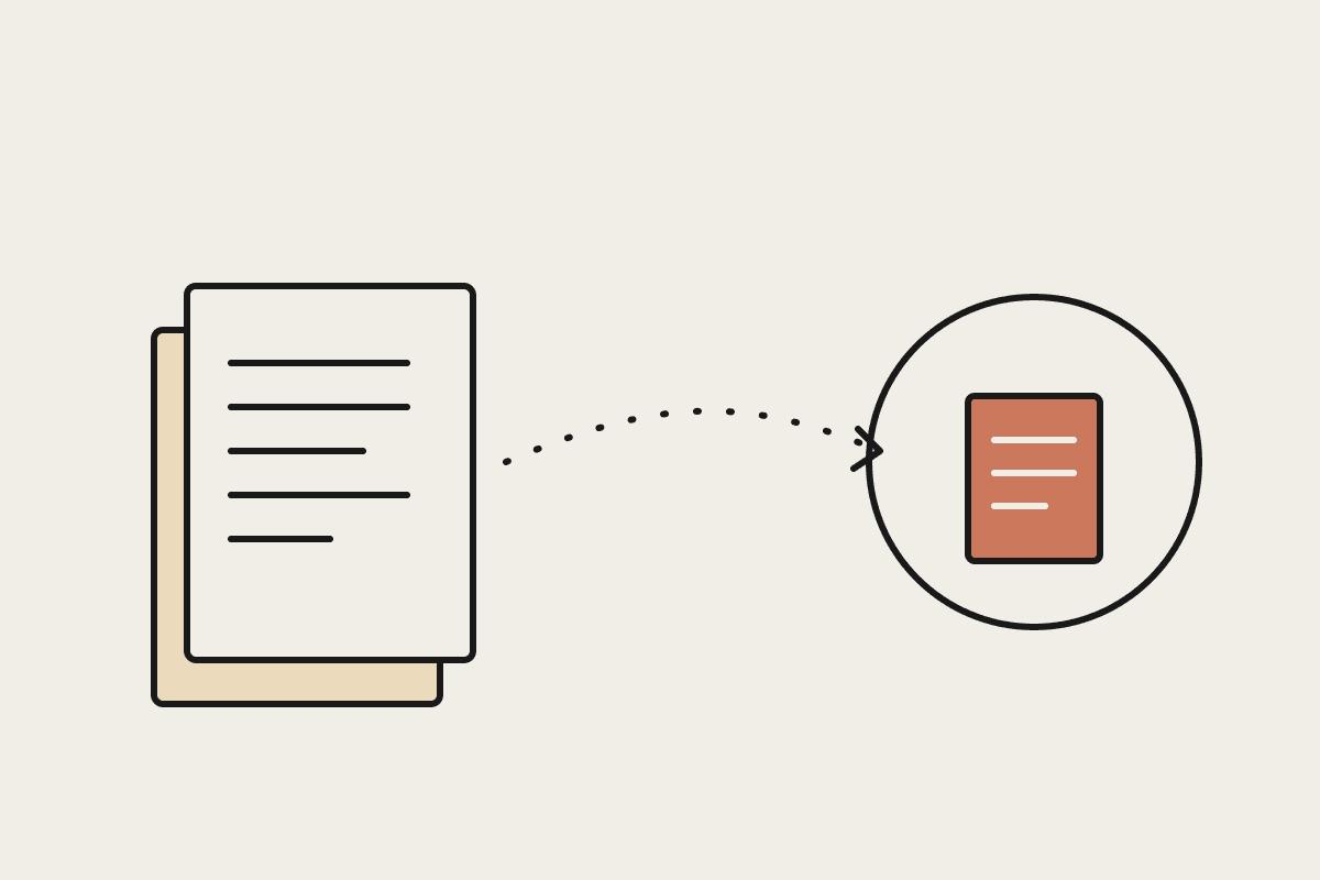 A stack of paper documents connected by a dotted arrow to a circular Claude icon holding a terracotta file, on cream paper