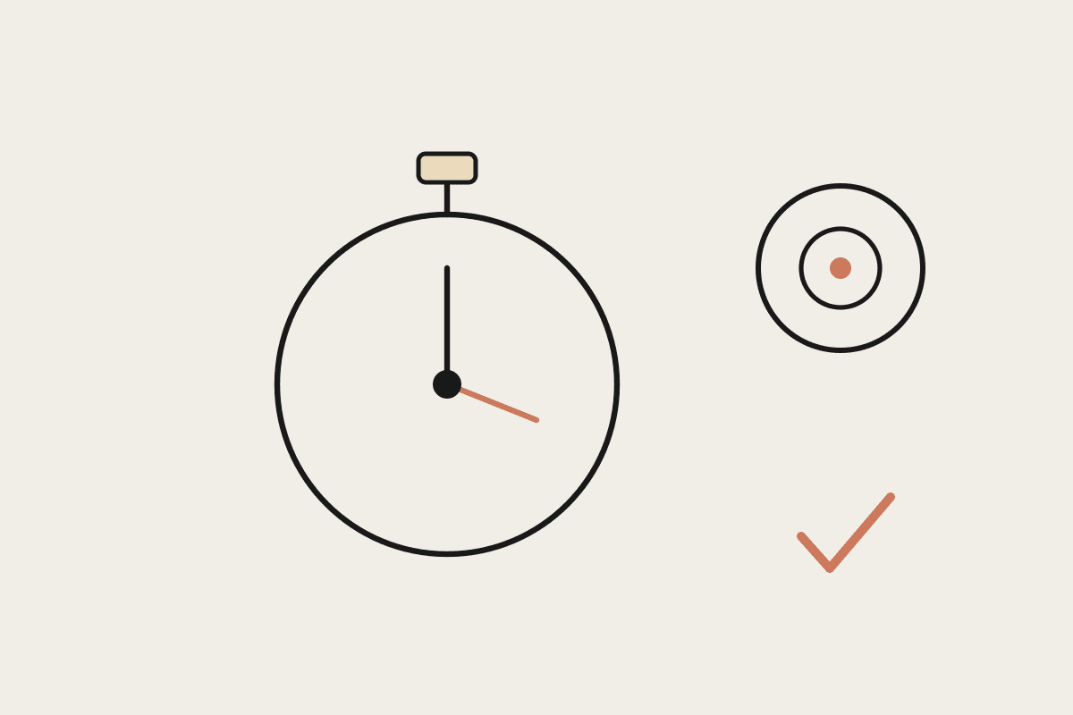 A stopwatch beside a target with a terracotta tick, representing speed versus accuracy