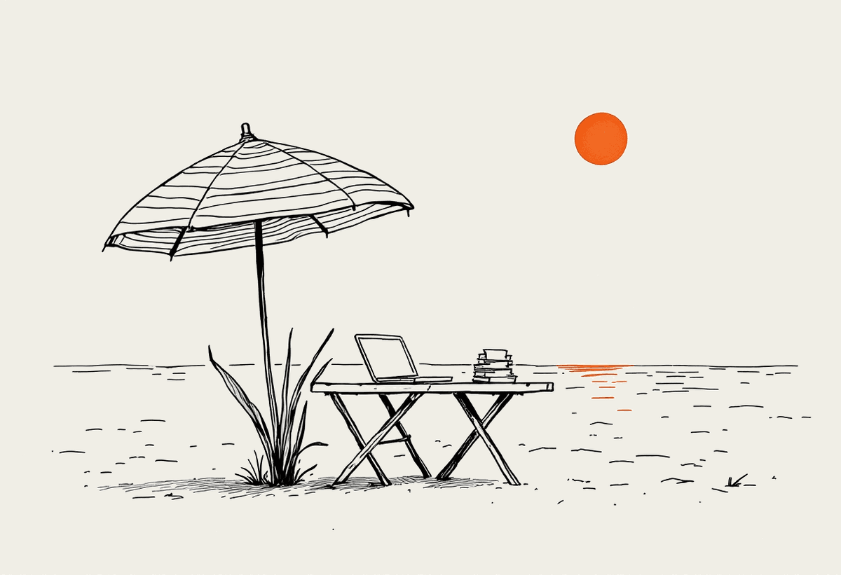 Hand-drawn notebook illustration of a beach umbrella beside a table with a laptop and papers, with a terracotta sun above the horizon