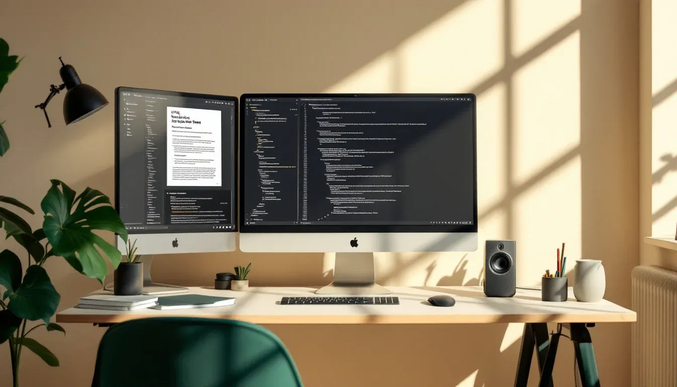 Sydney engineering team comparing an HTML technical report with a long Markdown file on adjacent monitors