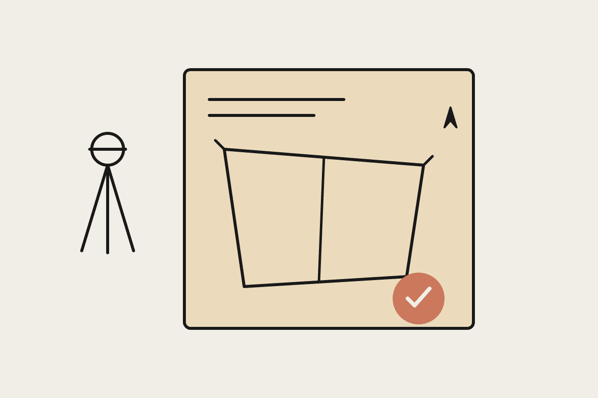 A survey plan with a cadastral parcel and a terracotta lodgement seal beside a theodolite tripod
