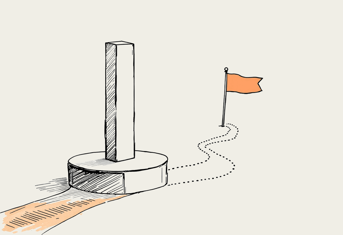 Notebook style sketch of a bar chart on a podium beside a winding path to a small flag