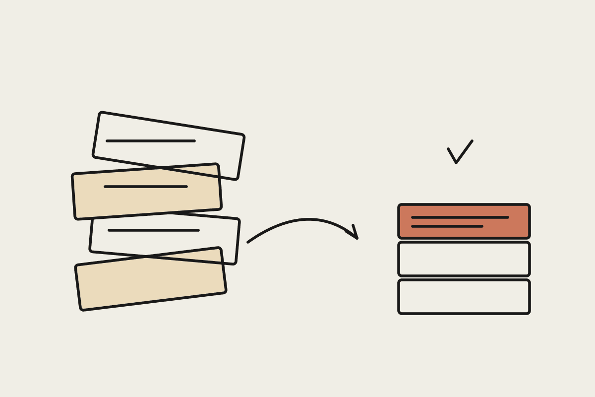 A tall messy stack of paper documents condensed into a small neat stack topped by a terracotta report, with a checkmark above