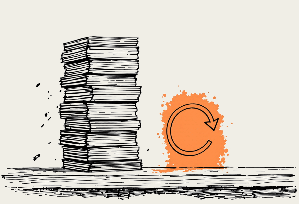 Hand-drawn stack of dusty prompt cards beside a small workflow loop