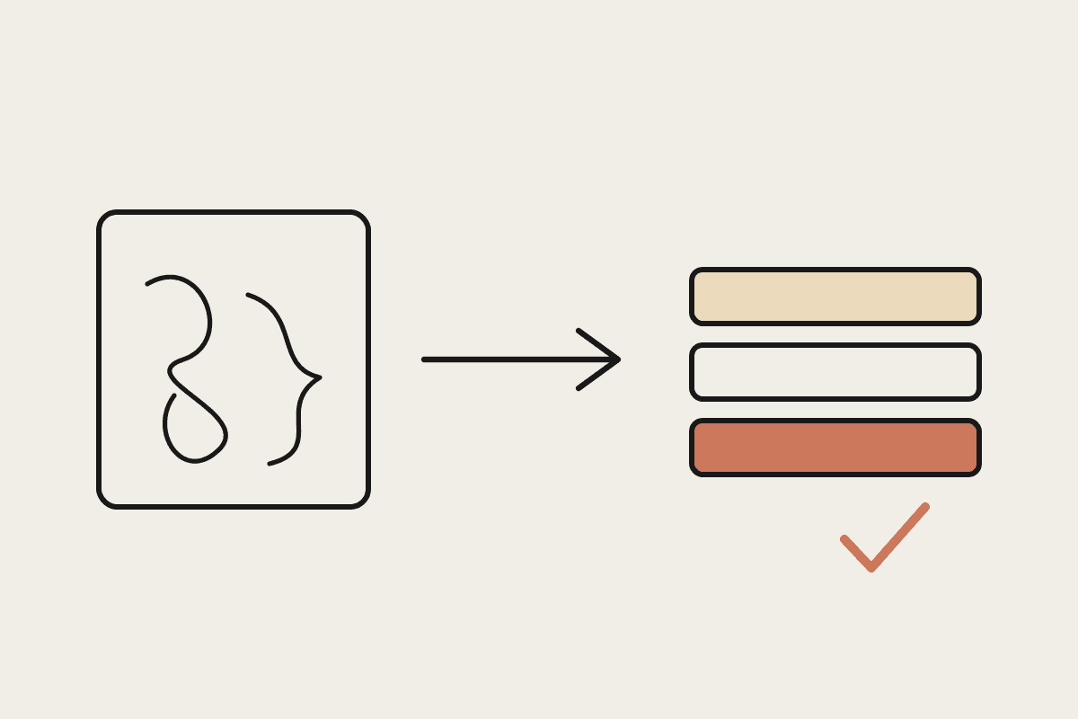 A tangled prototype sketch on the left, an arrow, and a neat stack of code blocks on the right with a terracotta tick