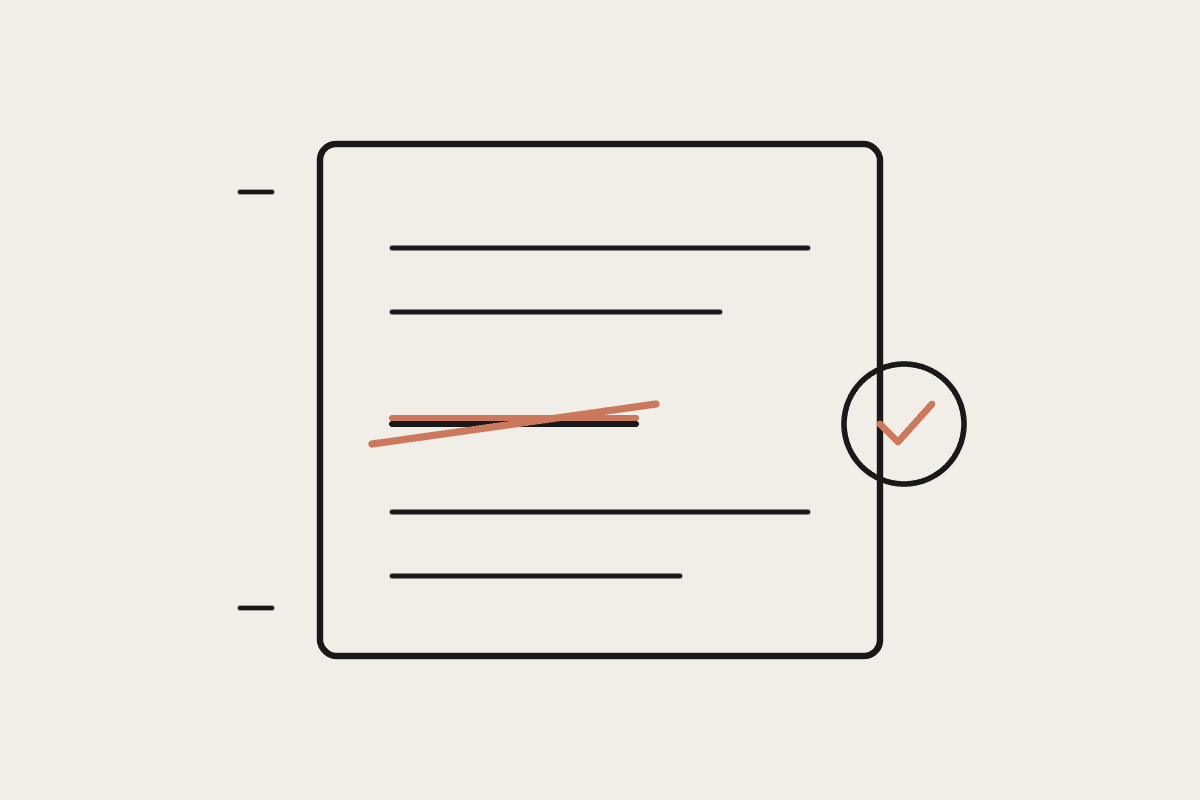 A tender document with one line struck through in terracotta and corrected, beside an approval mark