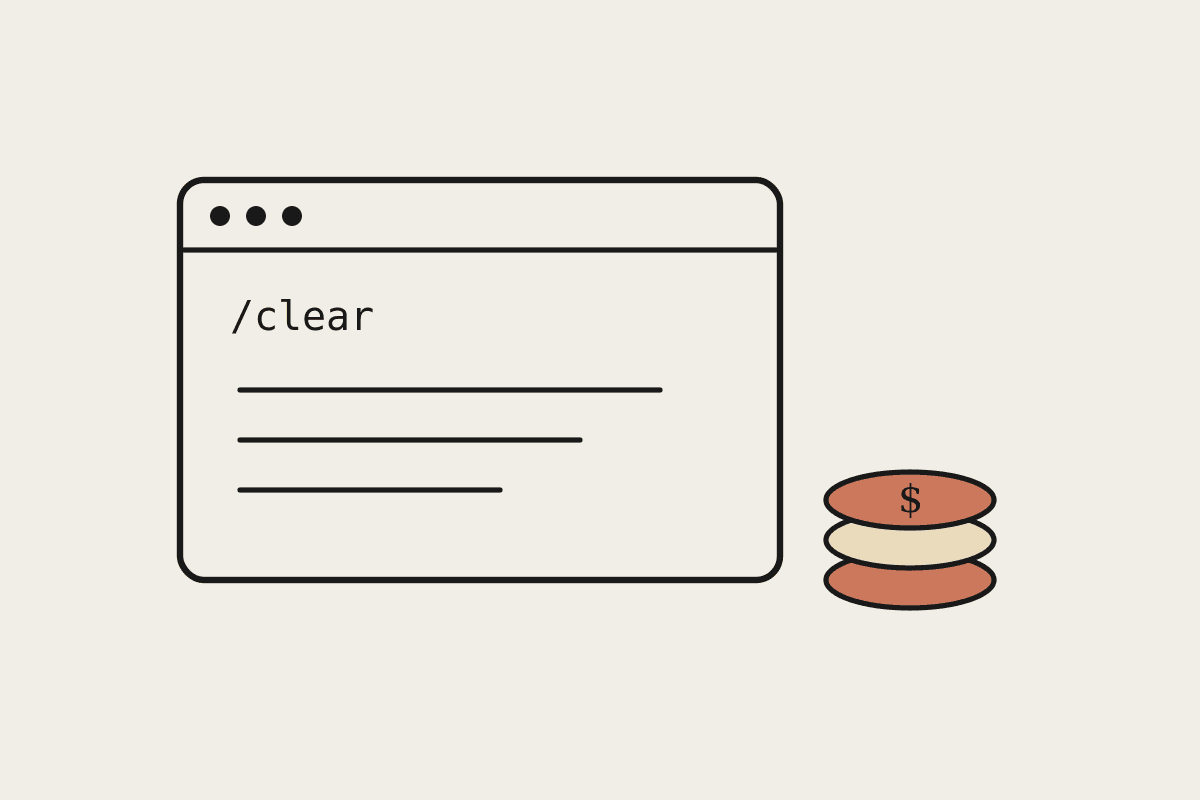 A terminal window running slash-clear beside a terracotta stack of coins, representing saved token spend