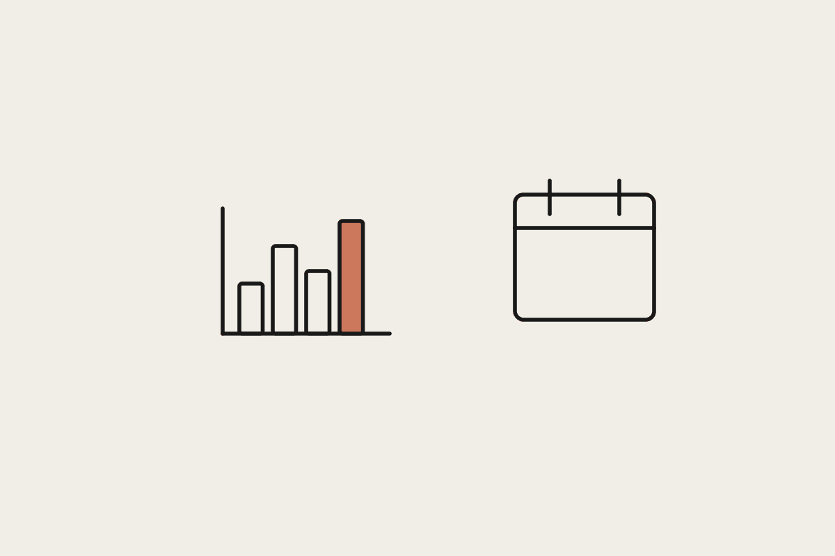 A terracotta bar chart beside a calendar