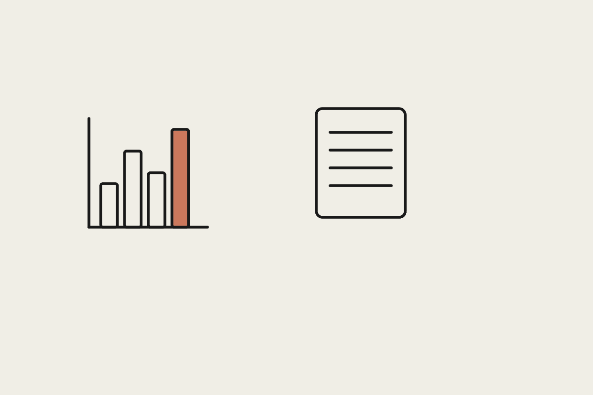 A terracotta bar chart beside a document, representing an AI-native finance workflow redesign