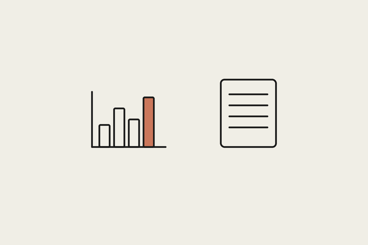A terracotta bar chart beside a document