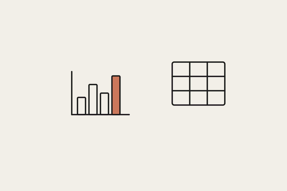 A terracotta bar chart beside a grid