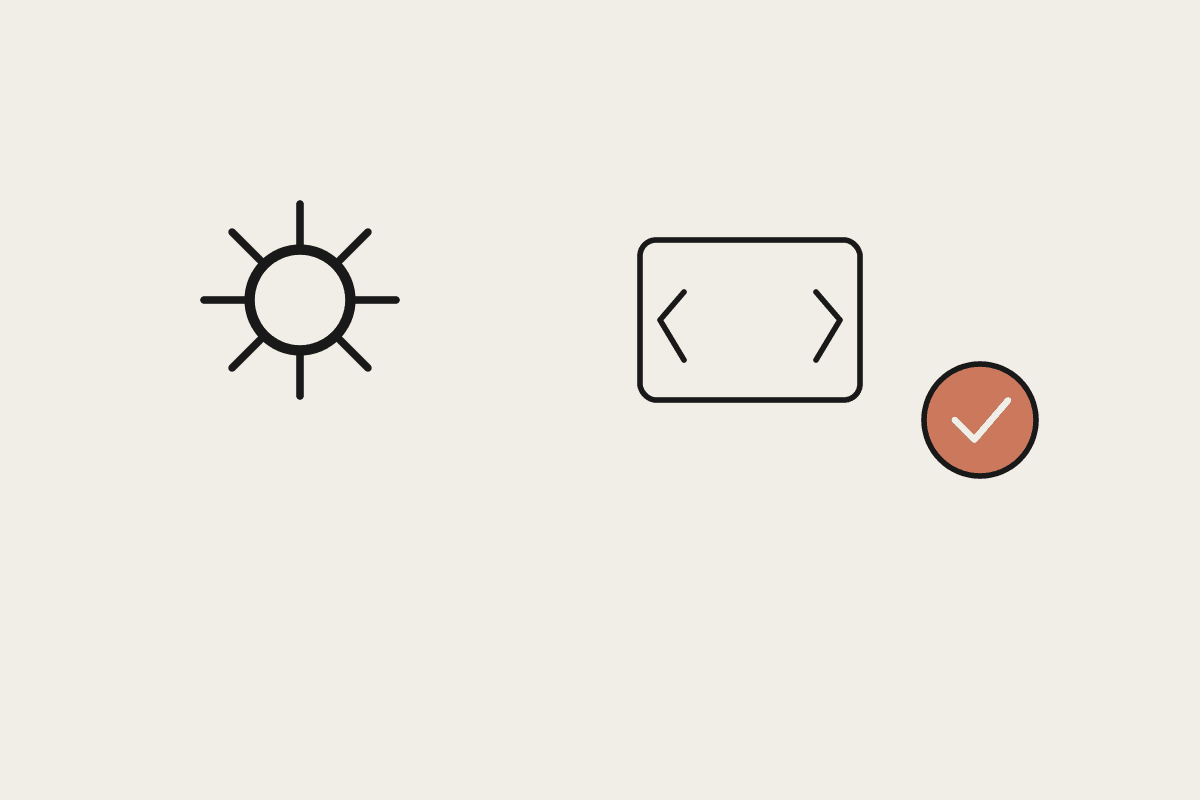A terracotta gear, code brackets, and a checkmark