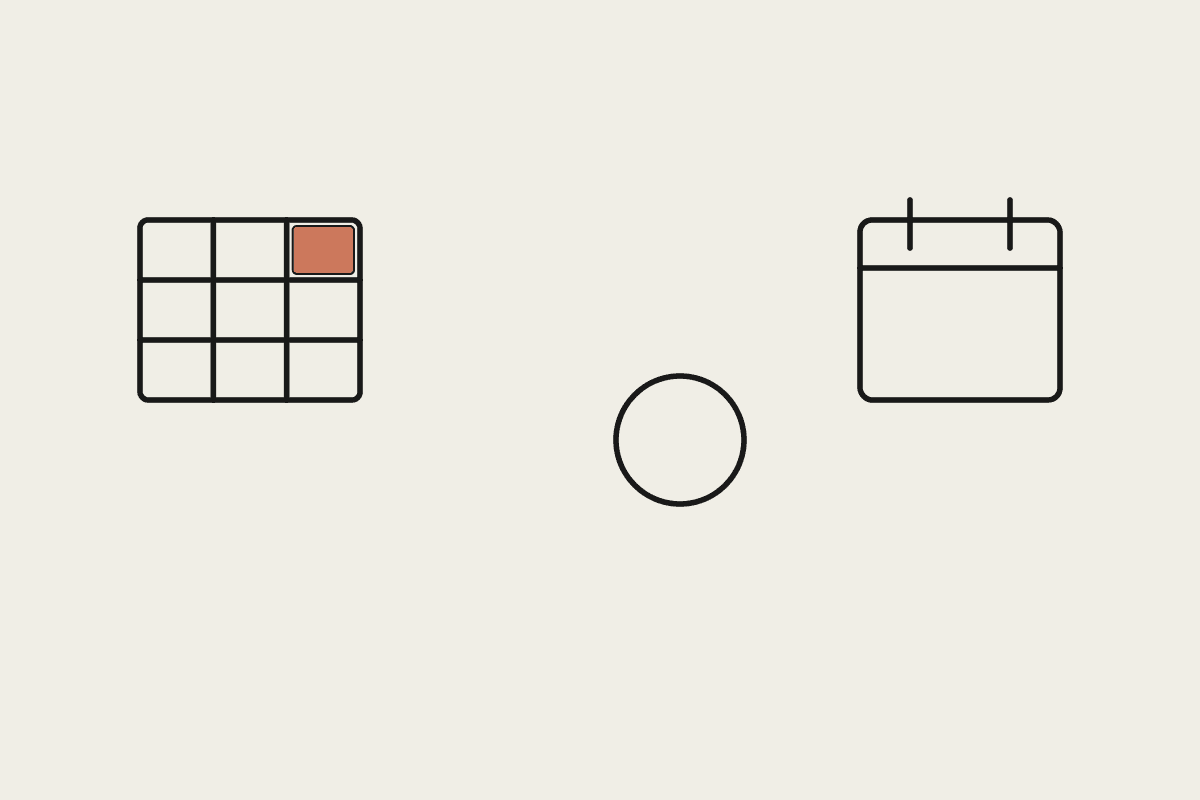 A terracotta grid, a checkmark, and a calendar
