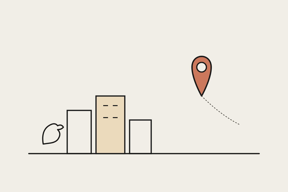 A terracotta map pin descending over a small line-drawn Perth skyline, with a swan silhouette beside it and a dashed line connecting off to the east