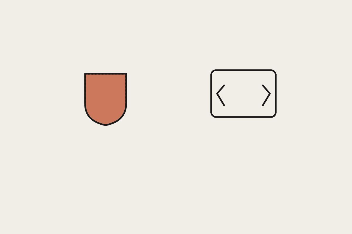 A terracotta shield beside code brackets