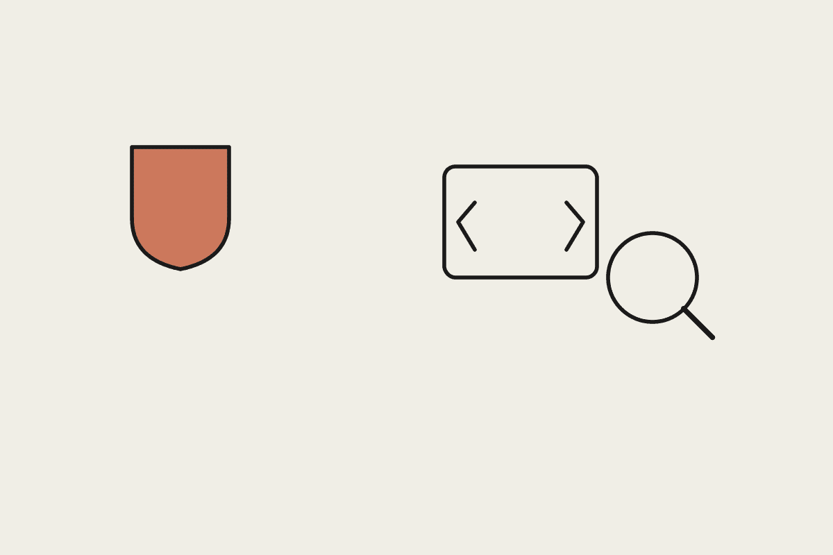 A terracotta shield, code brackets, and a magnifying glass