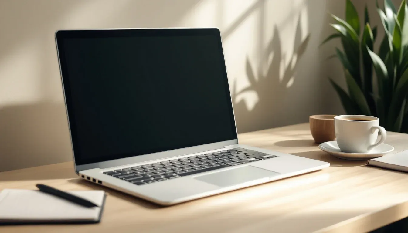 A tidy Australian office desk with a laptop showing a clean workflow diagram in soft morning light