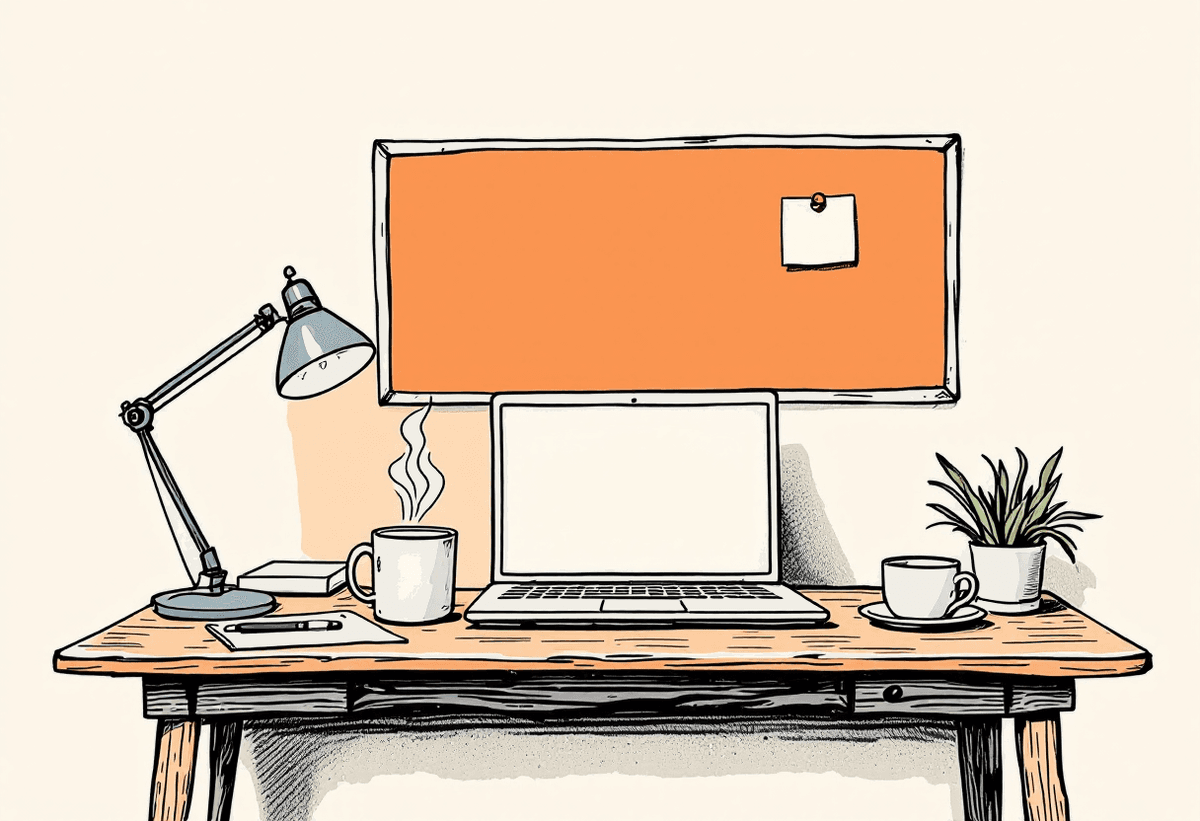 Hand-drawn illustration of a tidy content writer's workbench with laptop, coffee and notebook