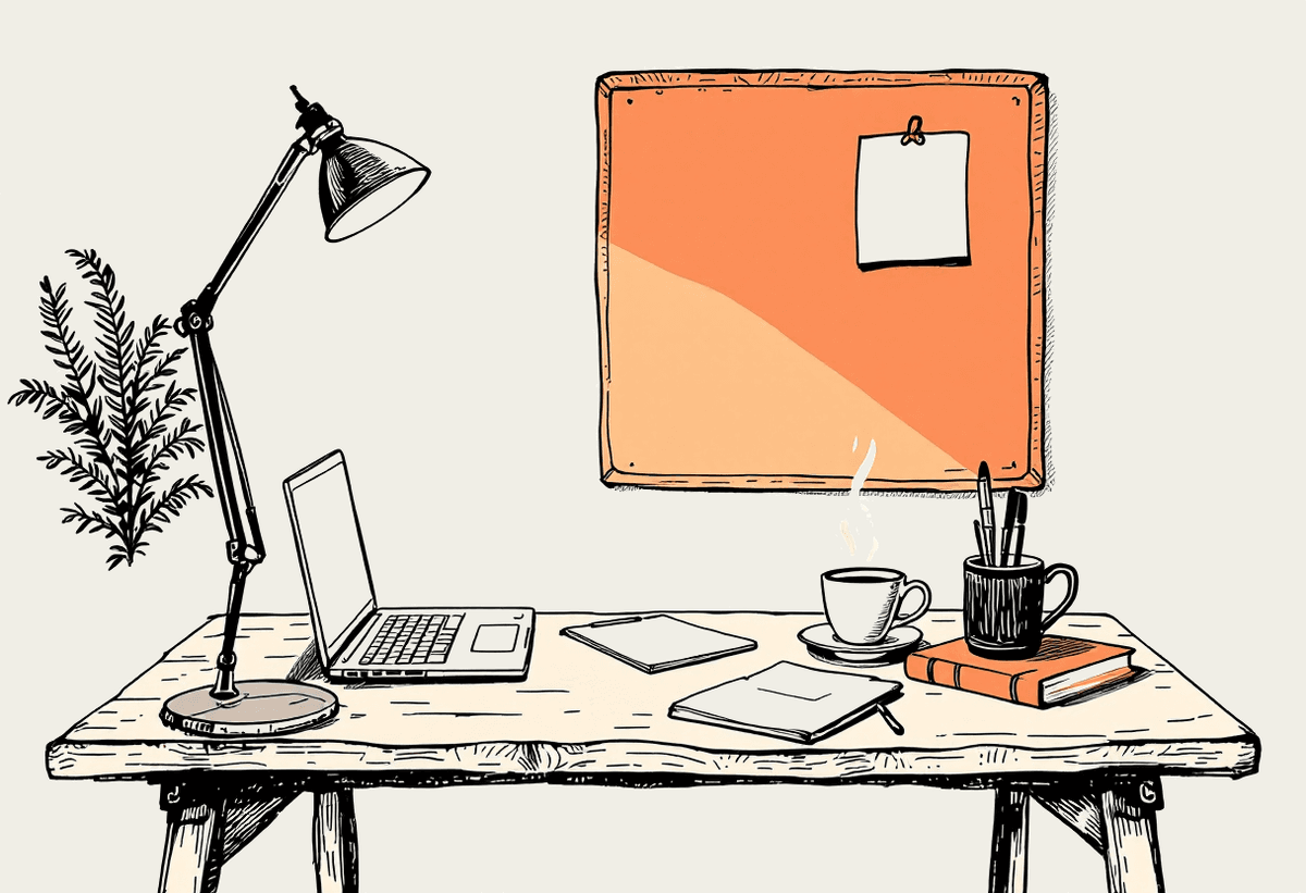 Hand-drawn illustration of a tidy workbench with a laptop, coffee mug, paper notebook and a sticky note pinned to a cork board