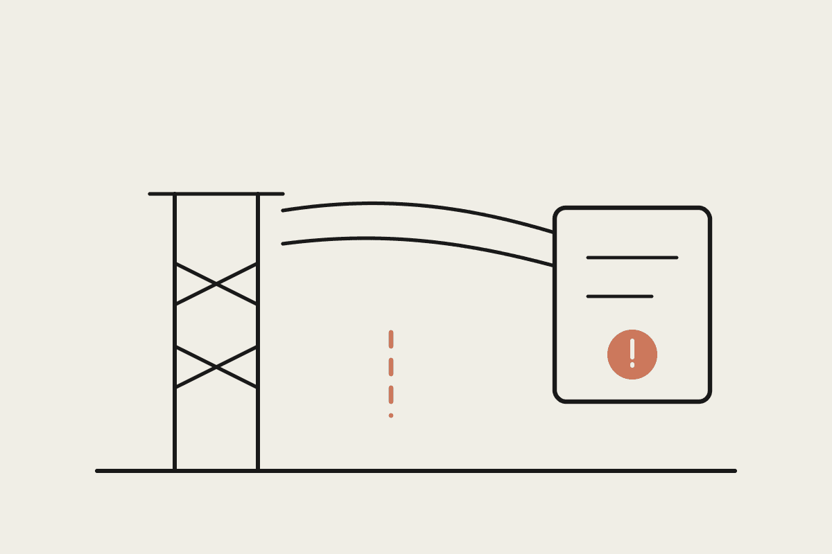 A transmission tower linked to a server cabinet, with a terracotta warning marker on the line between them