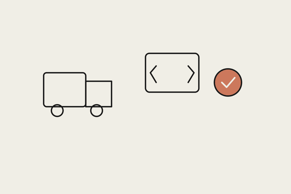 A van, code brackets, and a terracotta check mark