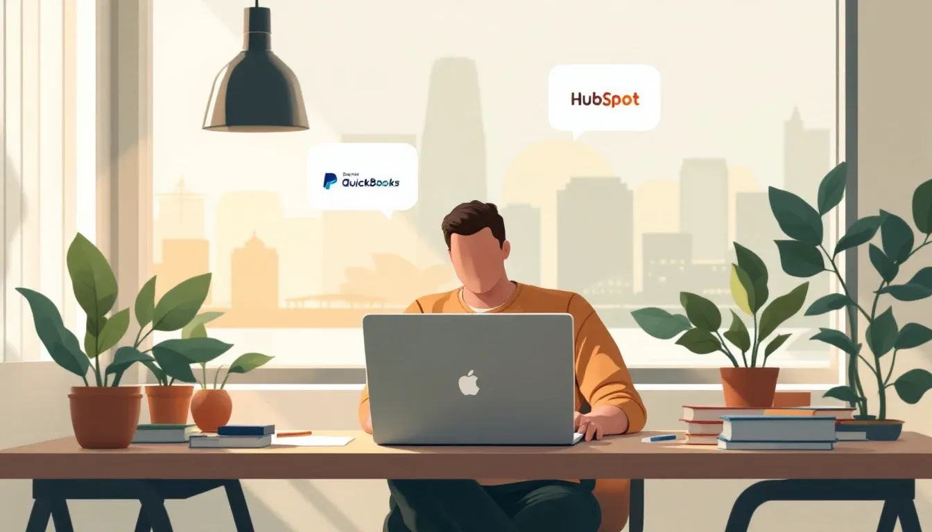 Australian small-business owner working with Claude across QuickBooks, PayPal and HubSpot icons