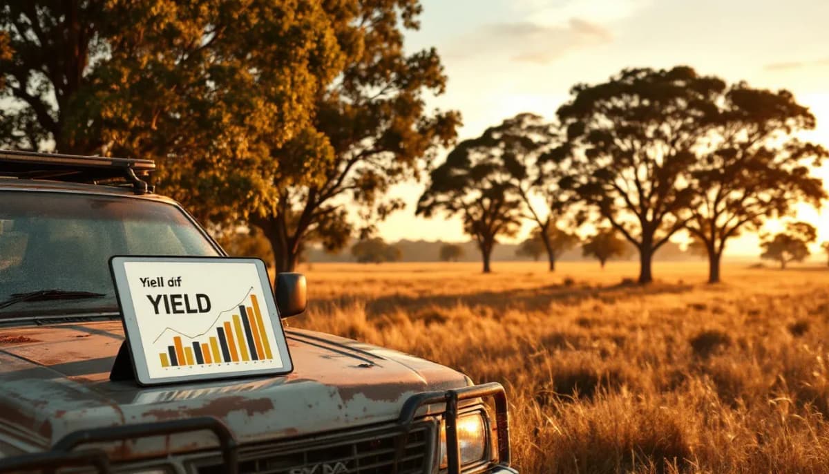 Australian farm at dusk with a tablet displaying yield data on a ute bonnet, gum trees in the background