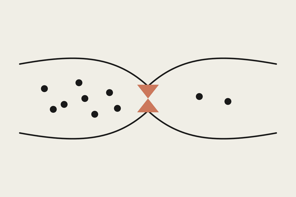 A wide pipe narrows to a valve where dots queue up, illustrating a software delivery bottleneck