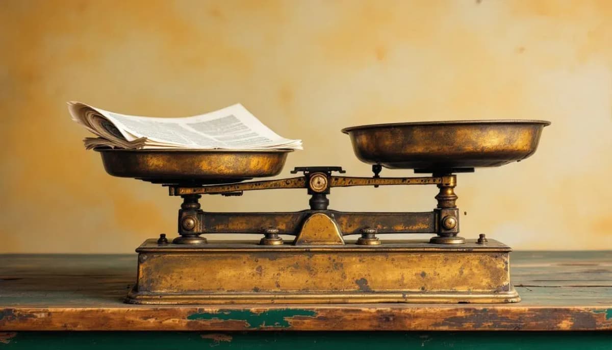 Brass butcher scale on a timber market stall counter, one pan holding paper and the other rising empty