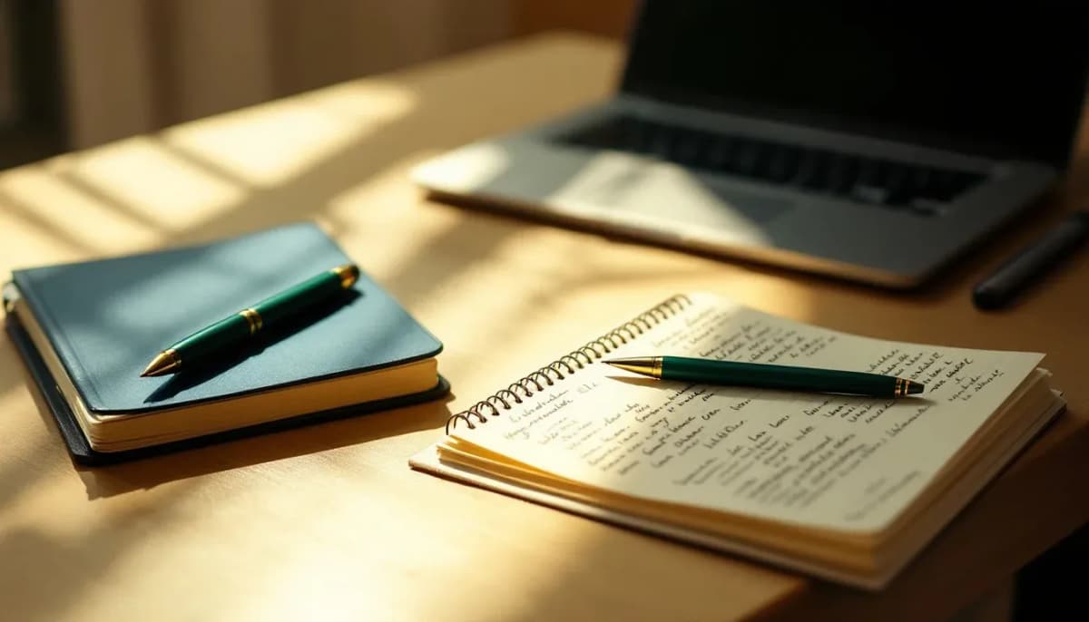 A writer's desk with a laptop and handwritten notes
