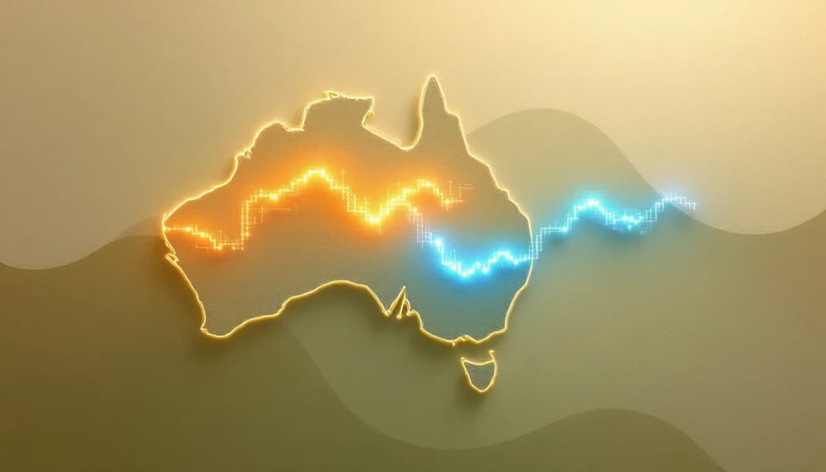 Two parallel data streams flowing across an outline of Australia, representing competing AI models considered by Australian enterprises