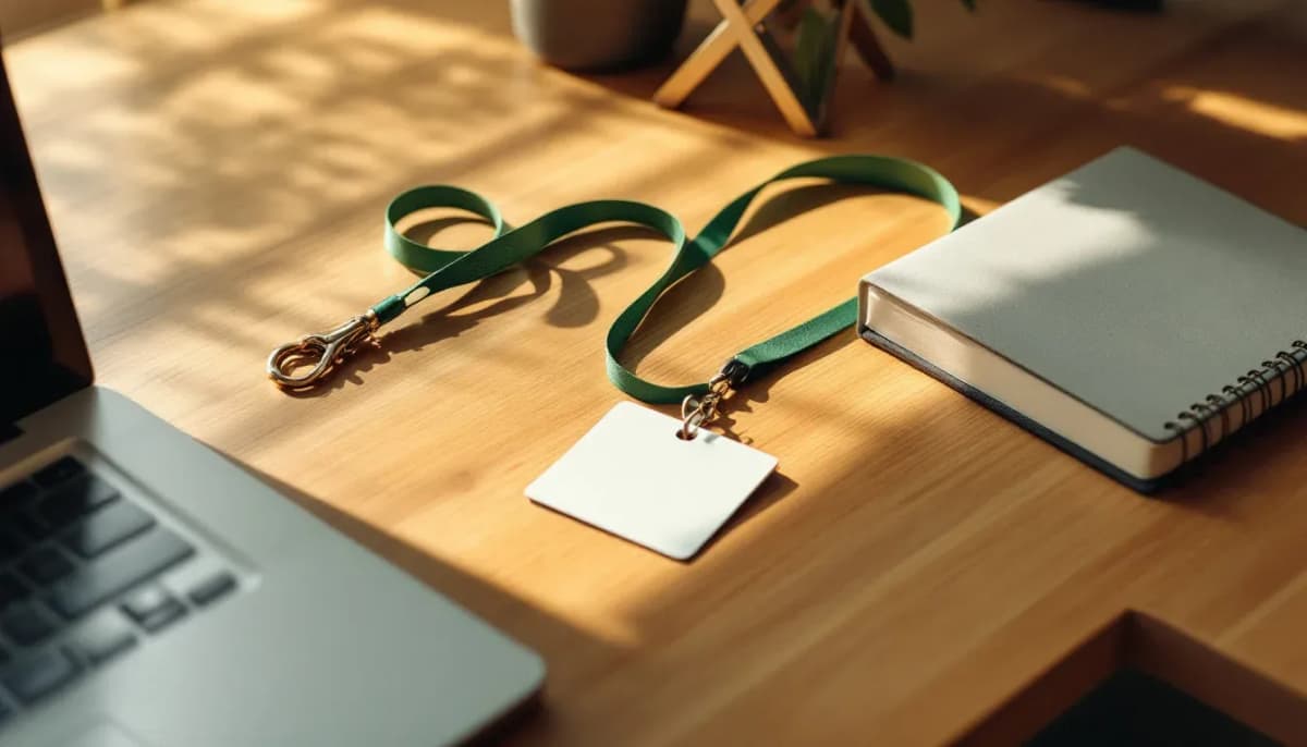 An access keycard and lanyard on a desk, representing scoped identity for an AI agent